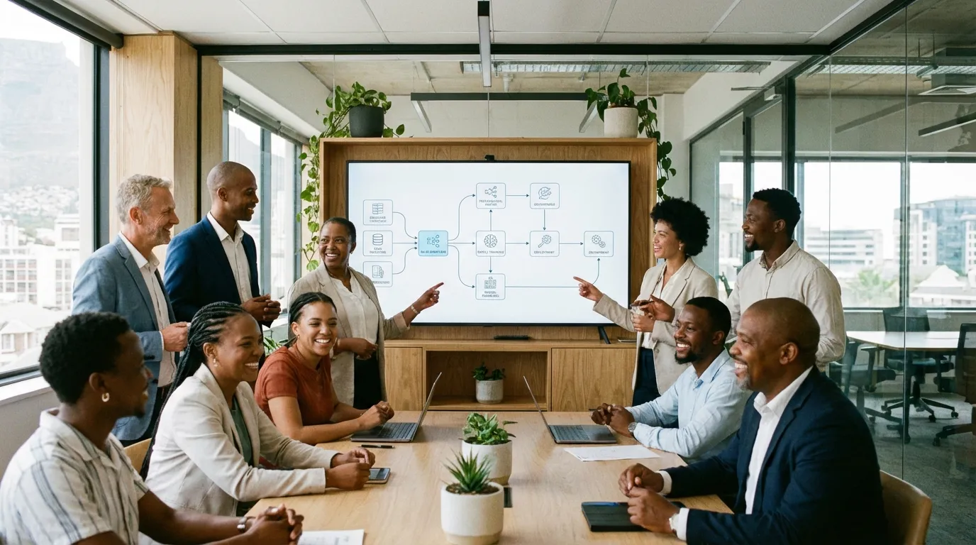 Diverse professionals gather around a conference table, discussing a diagram on a screen in a modern office.