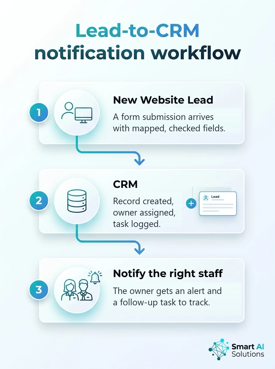 Lead-to-CRM notification workflow in three steps: a new website lead, a CRM record with an owner, and a notification to the right staff