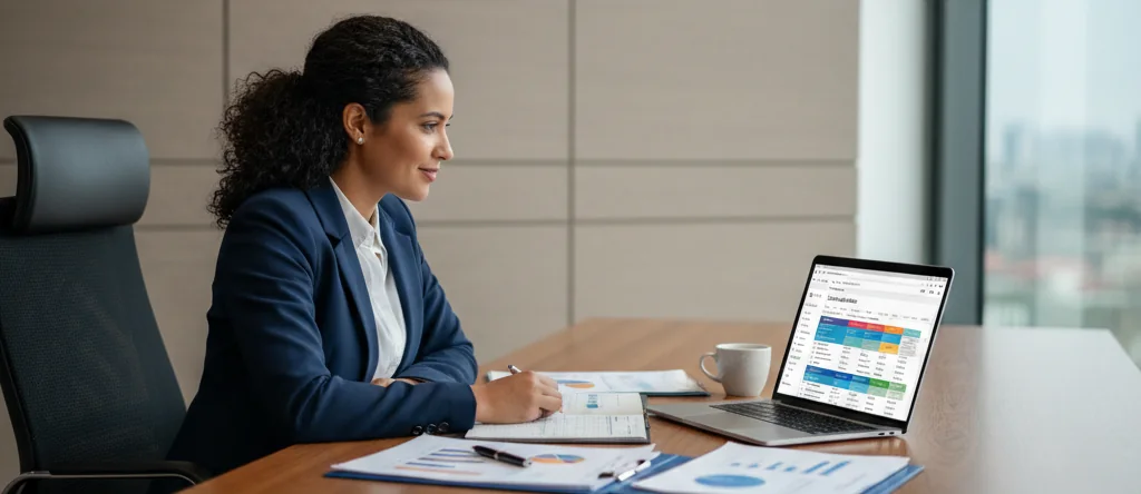 A woman in a navy suit reviews charts and writes at a conference table beside an open laptop.