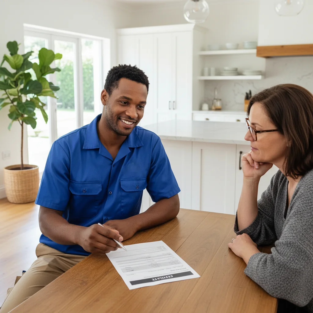A man in a blue uniform discusses a printed quote with a woman at a wooden table in a bright kitchen.