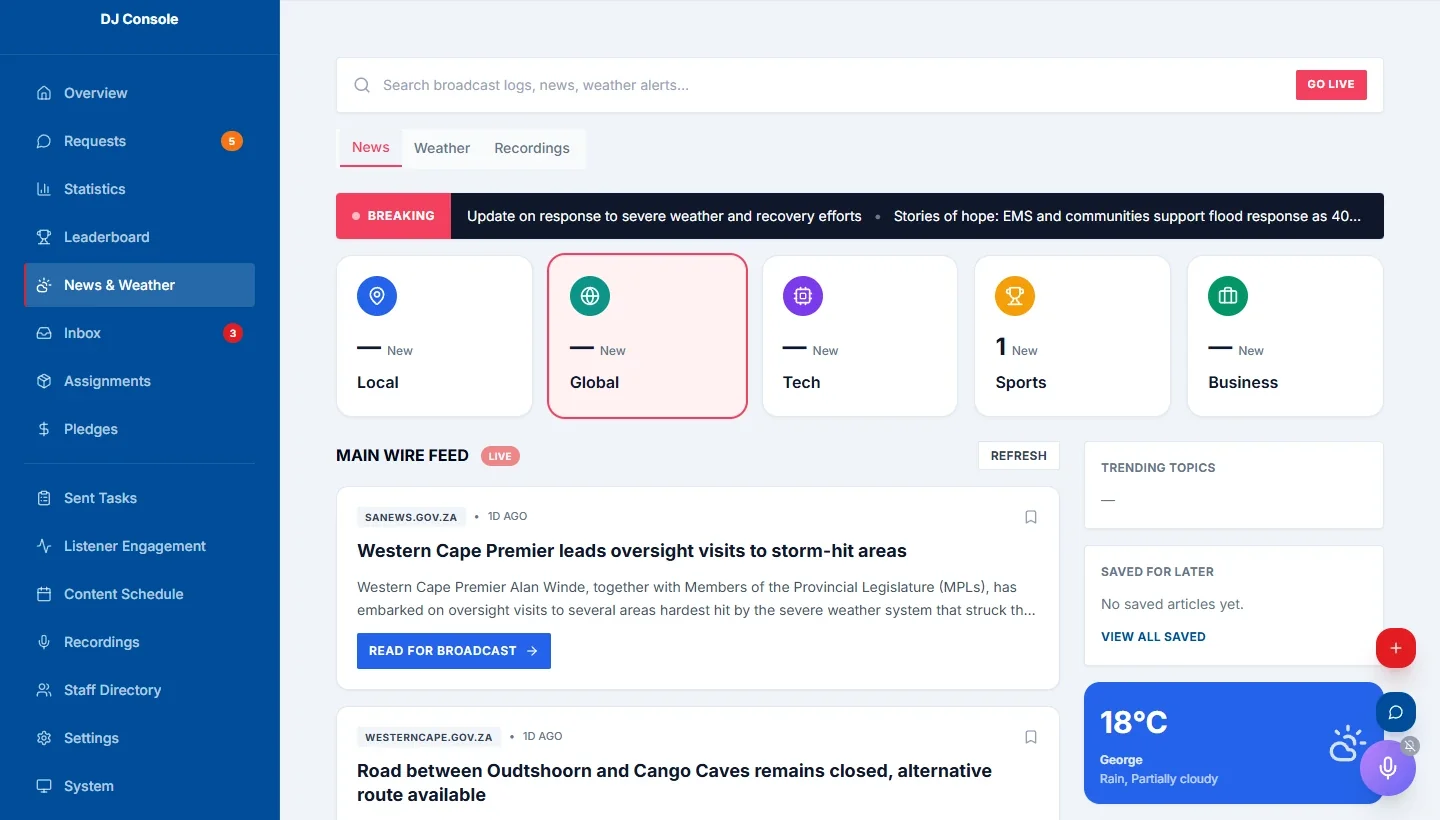 Web dashboard with news headlines, category tiles, weather, and navigation