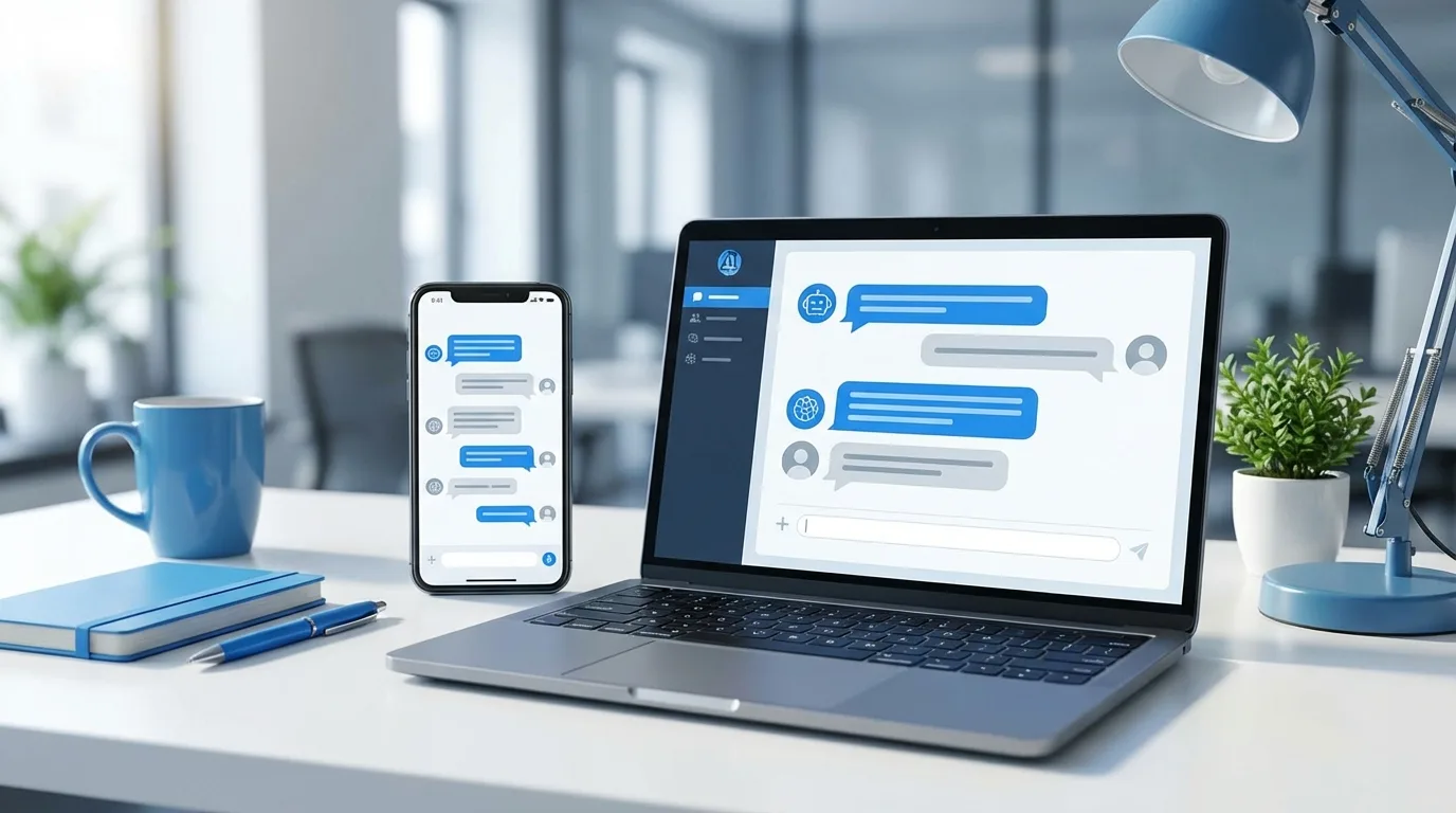 Blue-and-white chatbot conversations displayed on a smartphone and laptop on a bright office desk, with a lamp, plant, mug, and notebooks; no people.