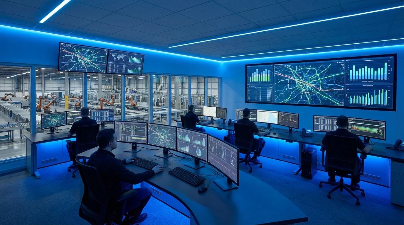 Operations control room displaying data charts and route maps
