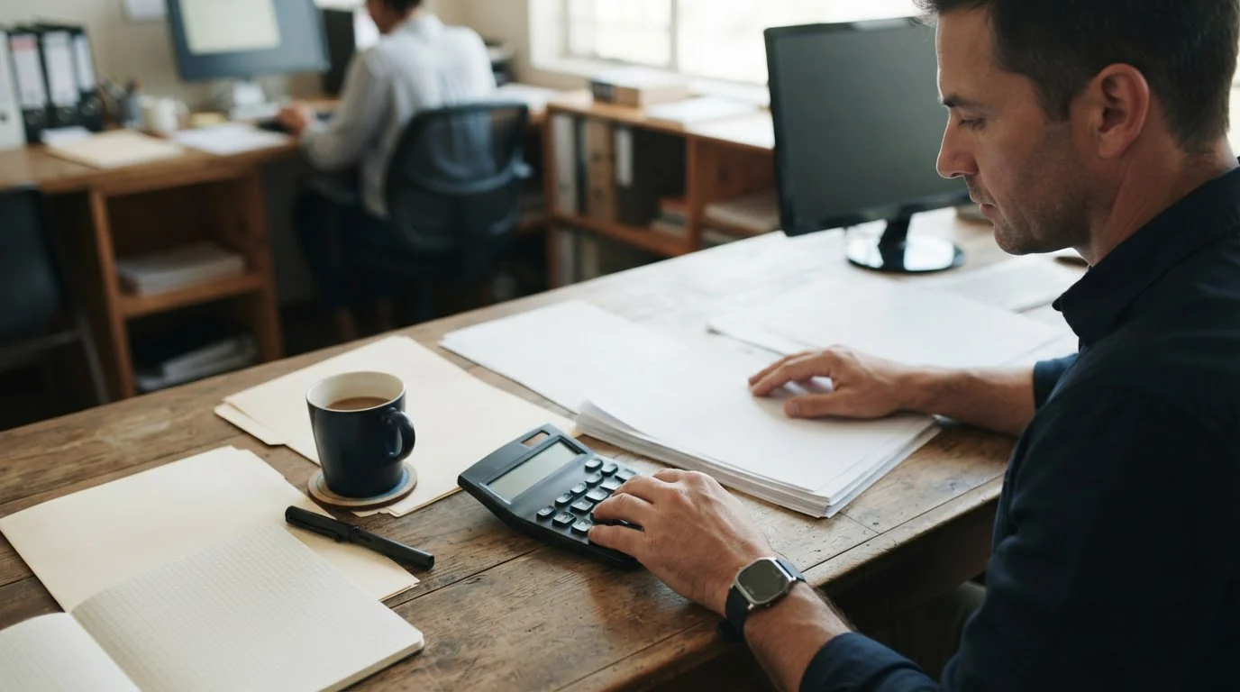 A business owner planning costs with a calculator and project papers