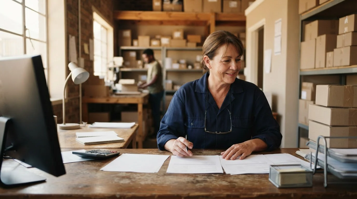 A warehouse owner reviewing organised orders at a dispatch desk
