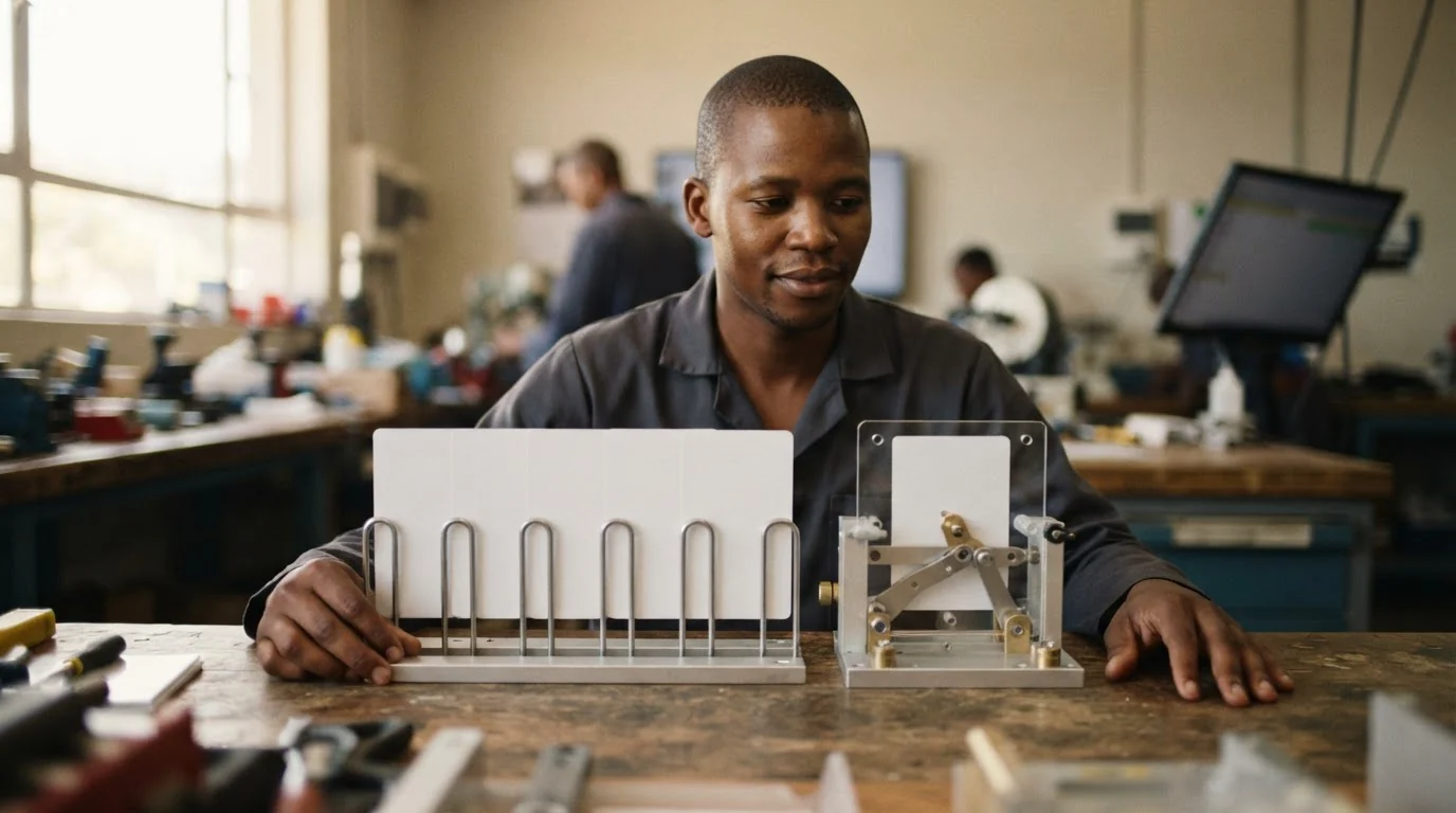 A technician inspecting an orderly mechanical assembly and instruction materials