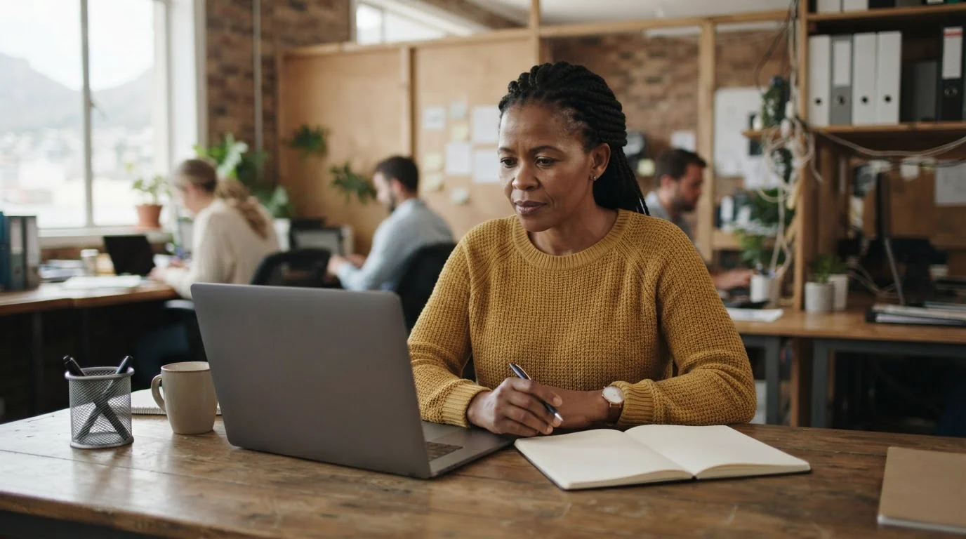 An analyst working with a modest laptop and notebook