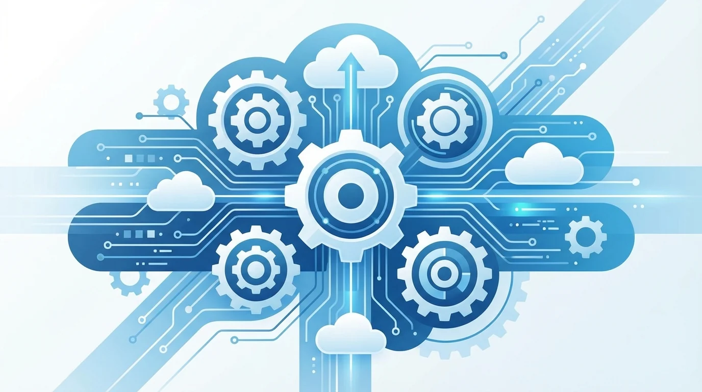 Blue illustration of interlocking gears, cloud icons and circuit lines