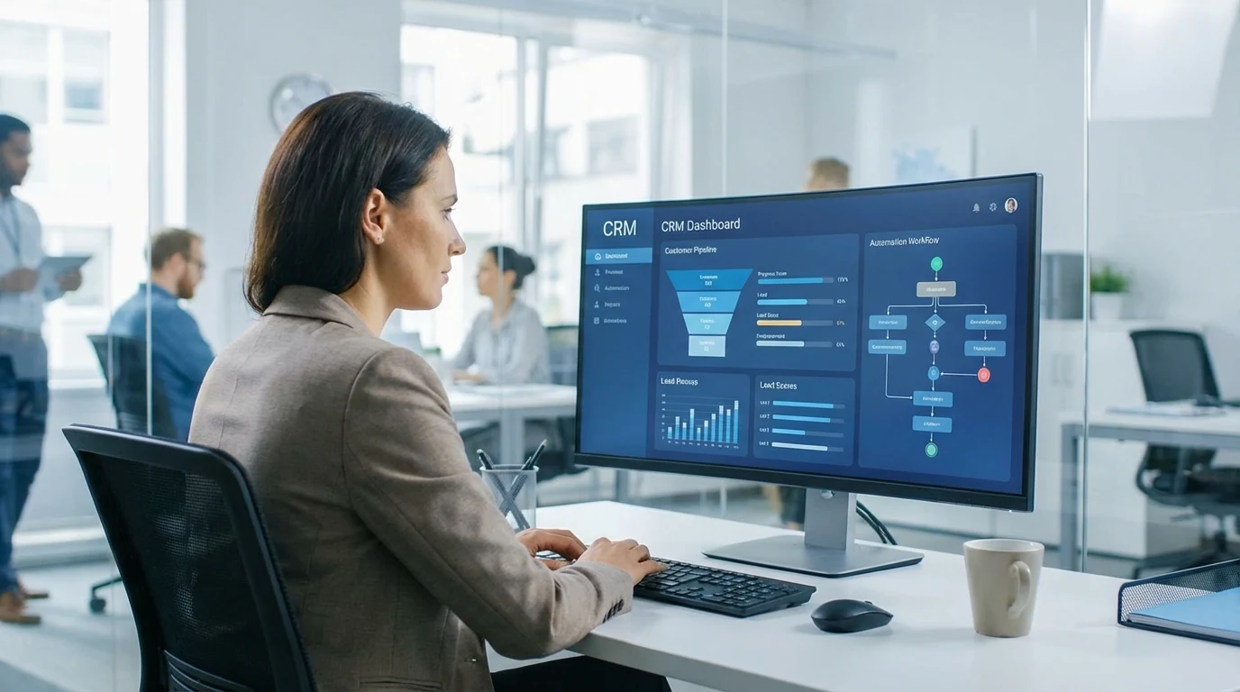 A woman uses a desktop computer displaying a blue CRM sales dashboard in a glass-walled office.