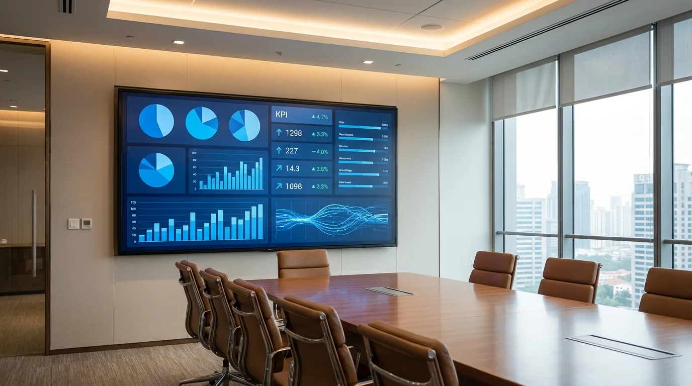 Boardroom display showing business charts and metrics for analytics reporting