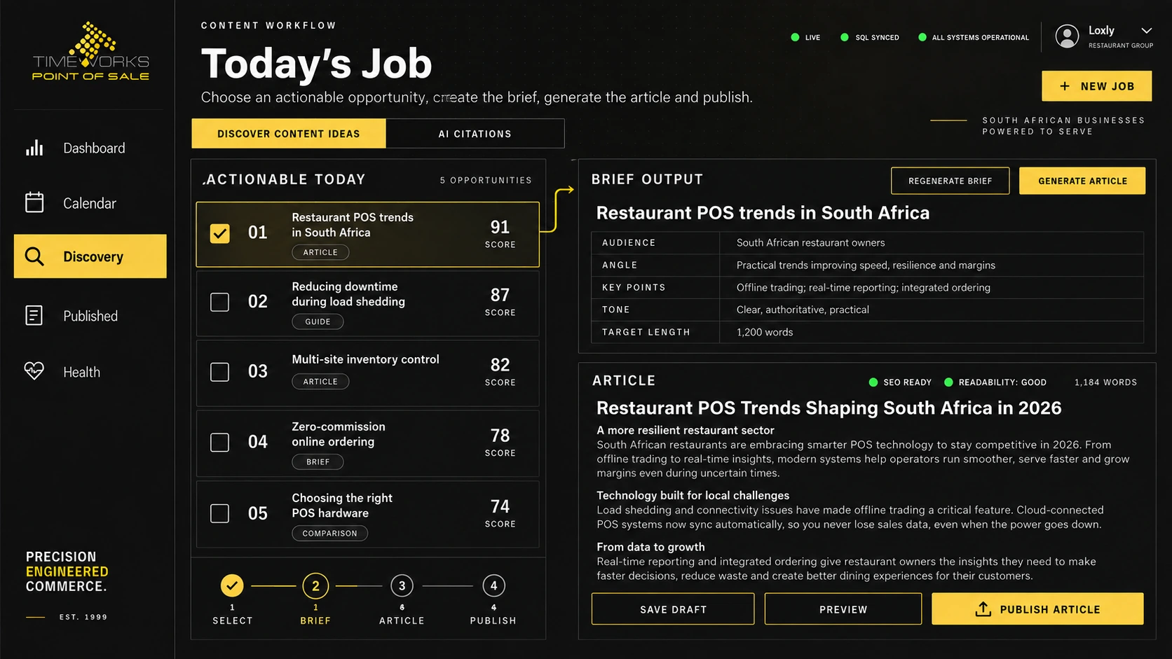 A content brief and article preview alongside selected opportunities. Design concept.